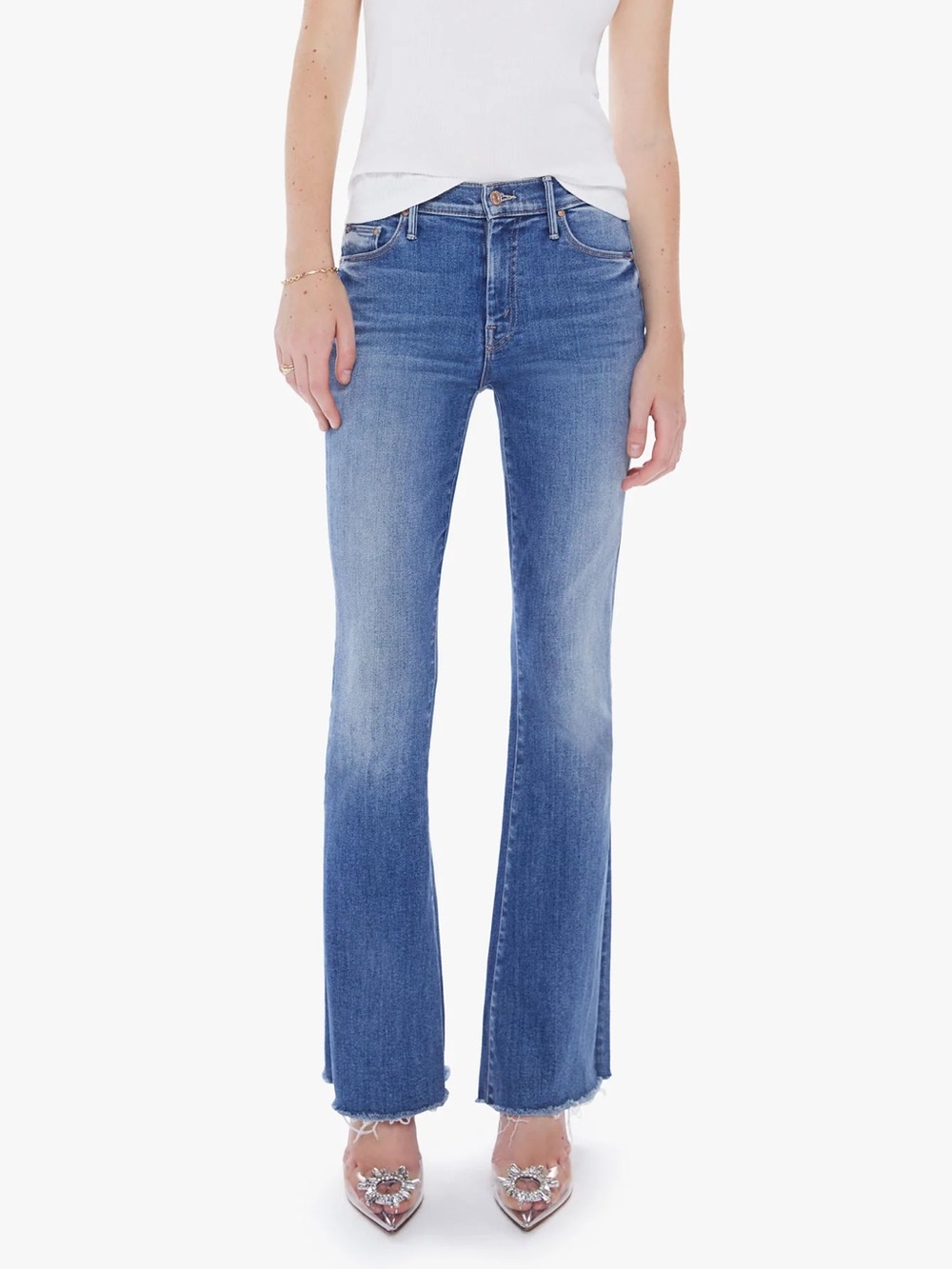 NWT Mother The Weekender Fray Flare Blue Jeans A Groovy Kind Of Love Size 28